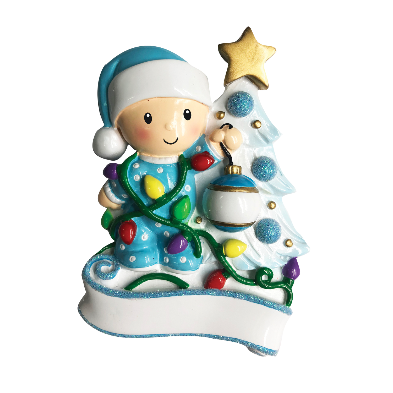 OR1847-B - Baby Decorating A Tree (Light Blue) Personalised Christmas Decoration