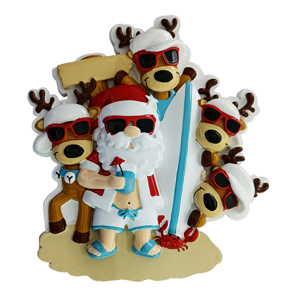 OR2378-5 - Santa Beach Hangout Family of 5 Personalised Christmas Decoration