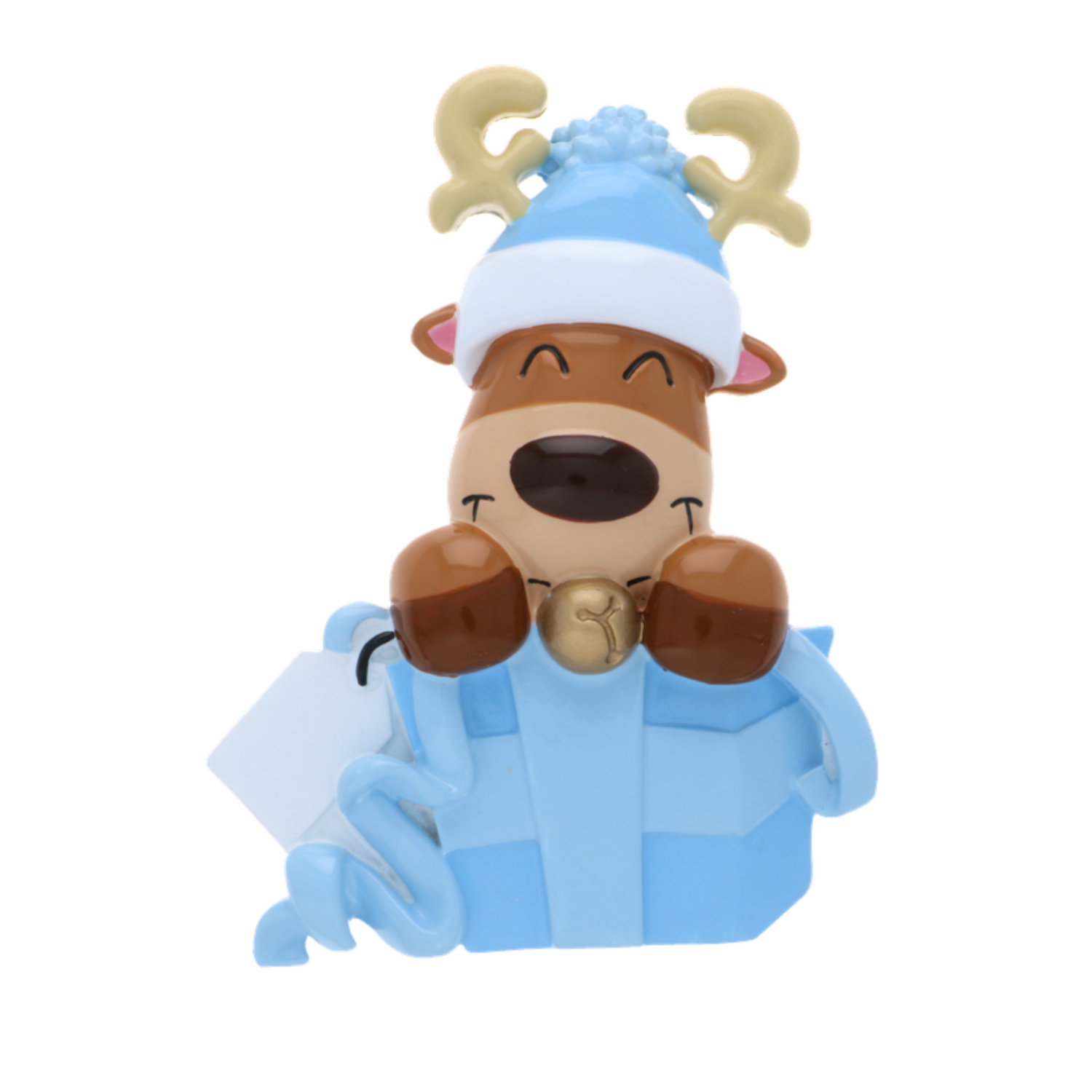 OR2398-B - Baby Reindeer in Gift Box (Blue) Personalised Christmas Decoration