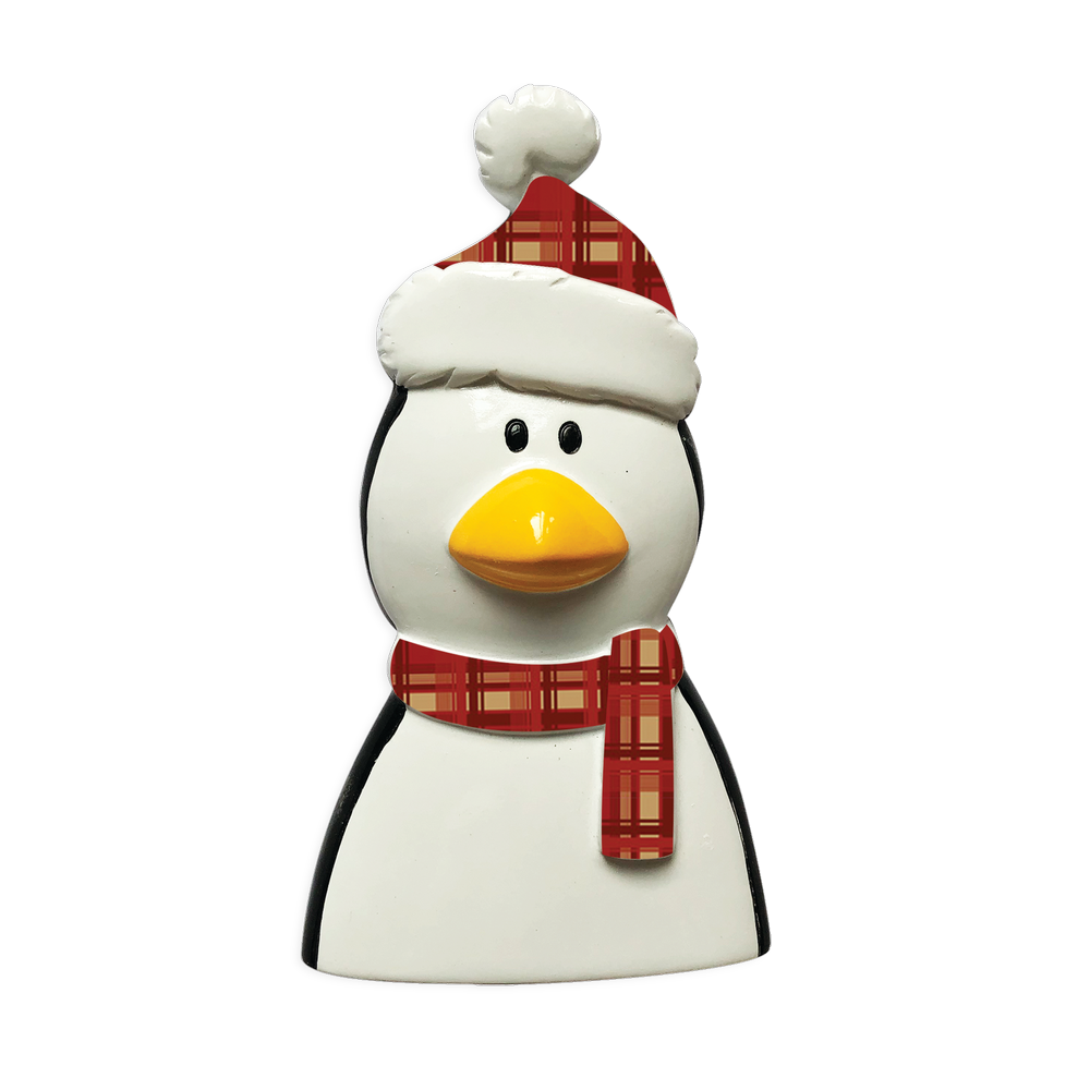 P18-03-013 - Penguin With Plaid Scarf And Hat Personalised Christmas Decoration