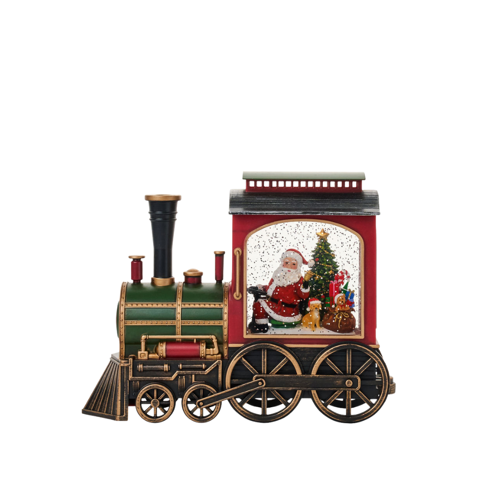 SG23161 - 7.75"H x 9.5" x 3" LED Santa & Xmas Tree in Train Plastic Water Globe Glitter Spinner