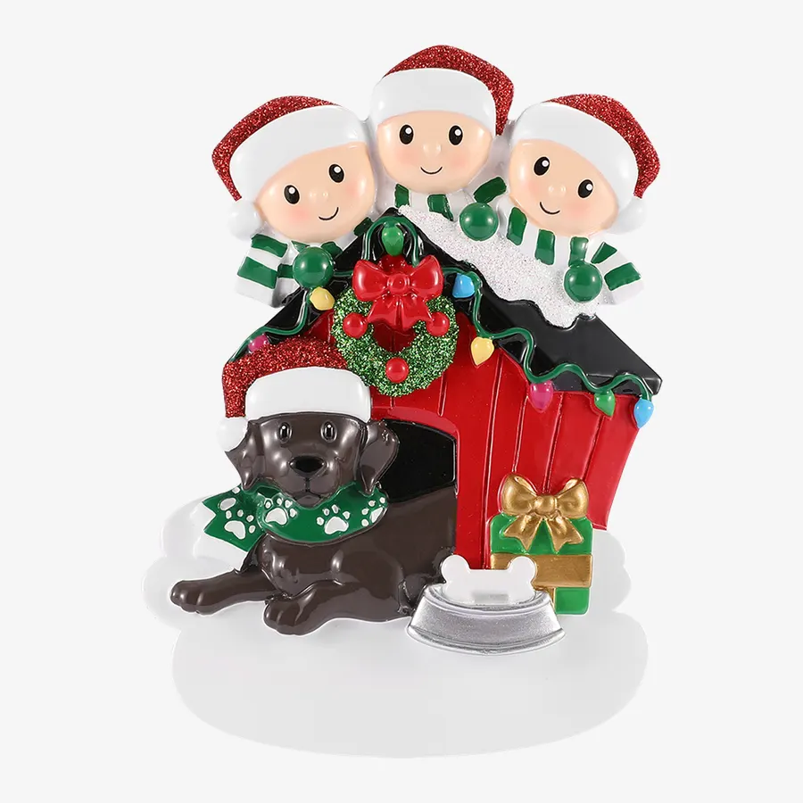 OR1909-3 - Family of 3 With Brown Dog Personalised Christmas Decoration