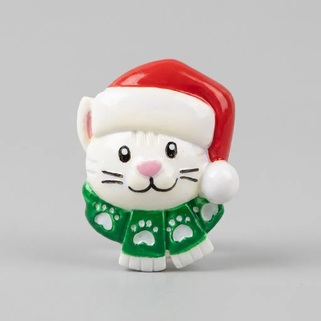 OR2177-WHT - Stick On Cat with Santa Cap Add On in White Ornament Add-On