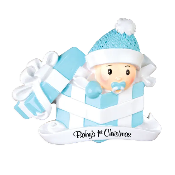 OR1330-B - Baby Boy in Present Personalised Christmas Decoration