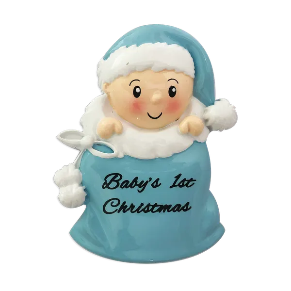 OR1715-B - Baby Boy in Santa Sack (Blue) Personalised Christmas Decoration