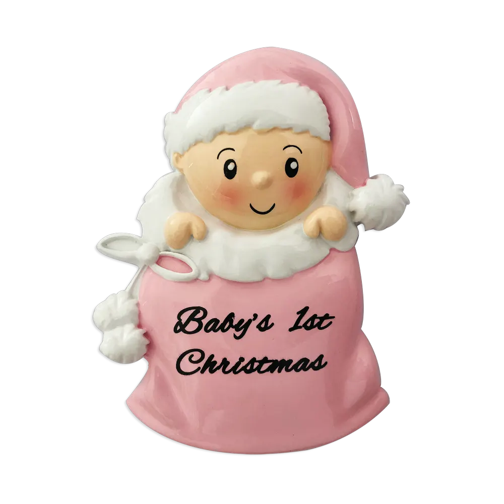 OR1715-P - Baby Girl in Santa Sack (Pink) Personalised Christmas Decoration