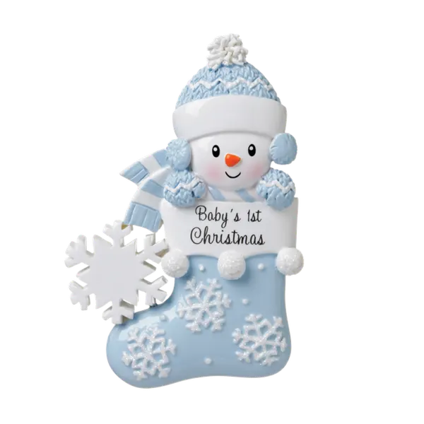 OR1738-B - Baby Snowman in Stocking (Blue) Personalised Christmas Decoration