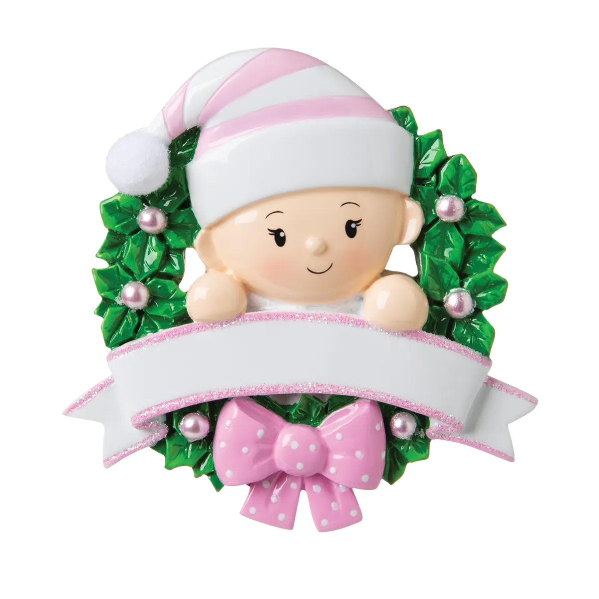 OR1746-P - Baby in A Wreath (Pink) Personalised Christmas Decoration