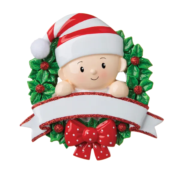 OR1746-RG - Baby in A Wreath (Red & Green) Personalised Christmas Decoration