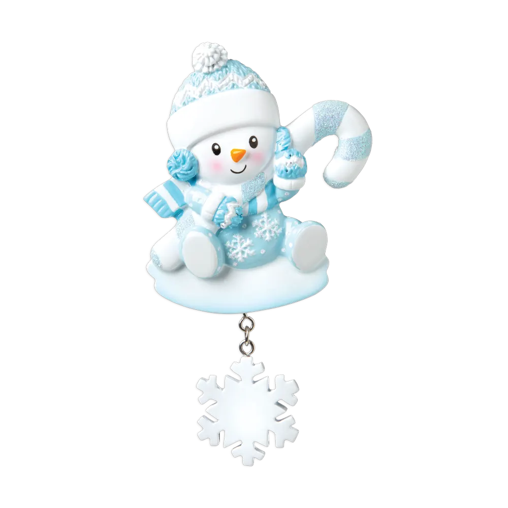 OR1846-B - Snowbaby With Candy Cane (Blue) Personalised Christmas Decoration