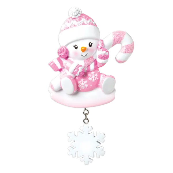 OR1846-P - Snowbaby With Candy Cane (Pink) Personalised Christmas Decoration
