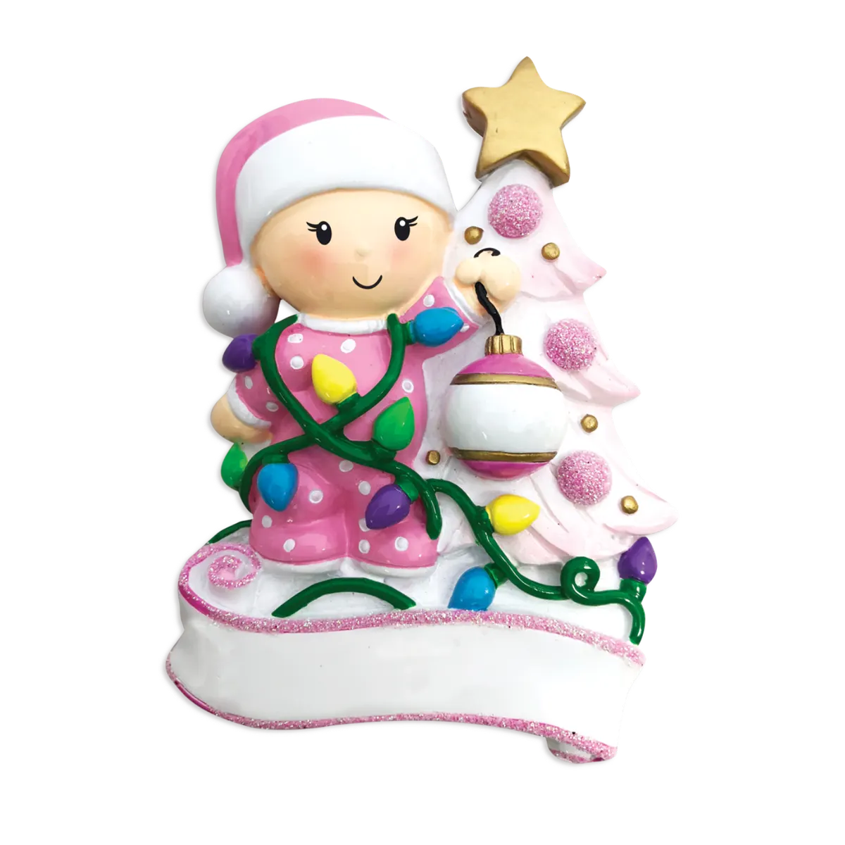 OR1847-P - Baby Decorating A Tree (Pink) Personalised Christmas Decoration