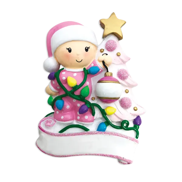 OR1847-P - Baby Decorating A Tree (Pink) Personalised Christmas Decoration