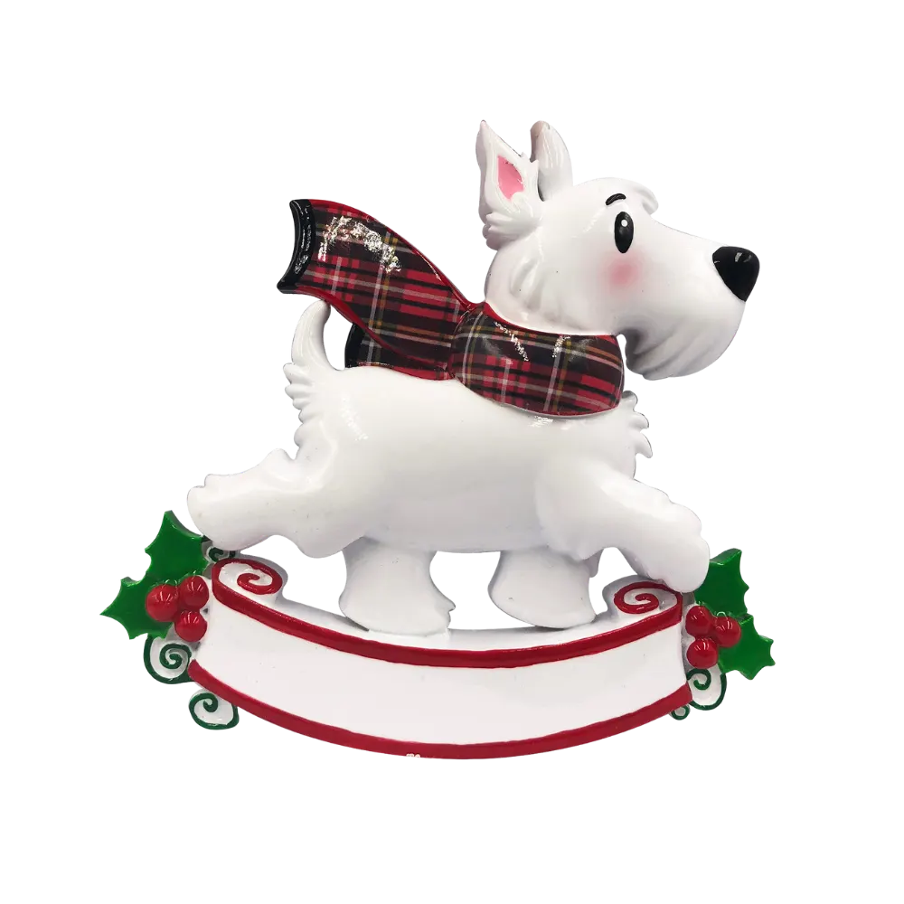 OR2210-WHT - Westie Dog with Tartan Scarf Personalised Christmas Decoration