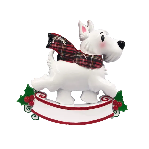 OR2210-WHT - Westie Dog with Tartan Scarf Personalised Christmas Decoration