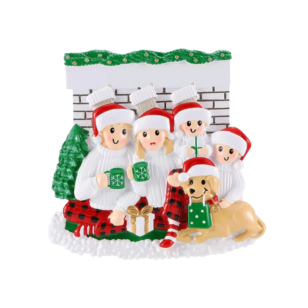 OR2461-4 - Sitting in Front of Fireplace (Family of 4) Personalised Christmas Decoration