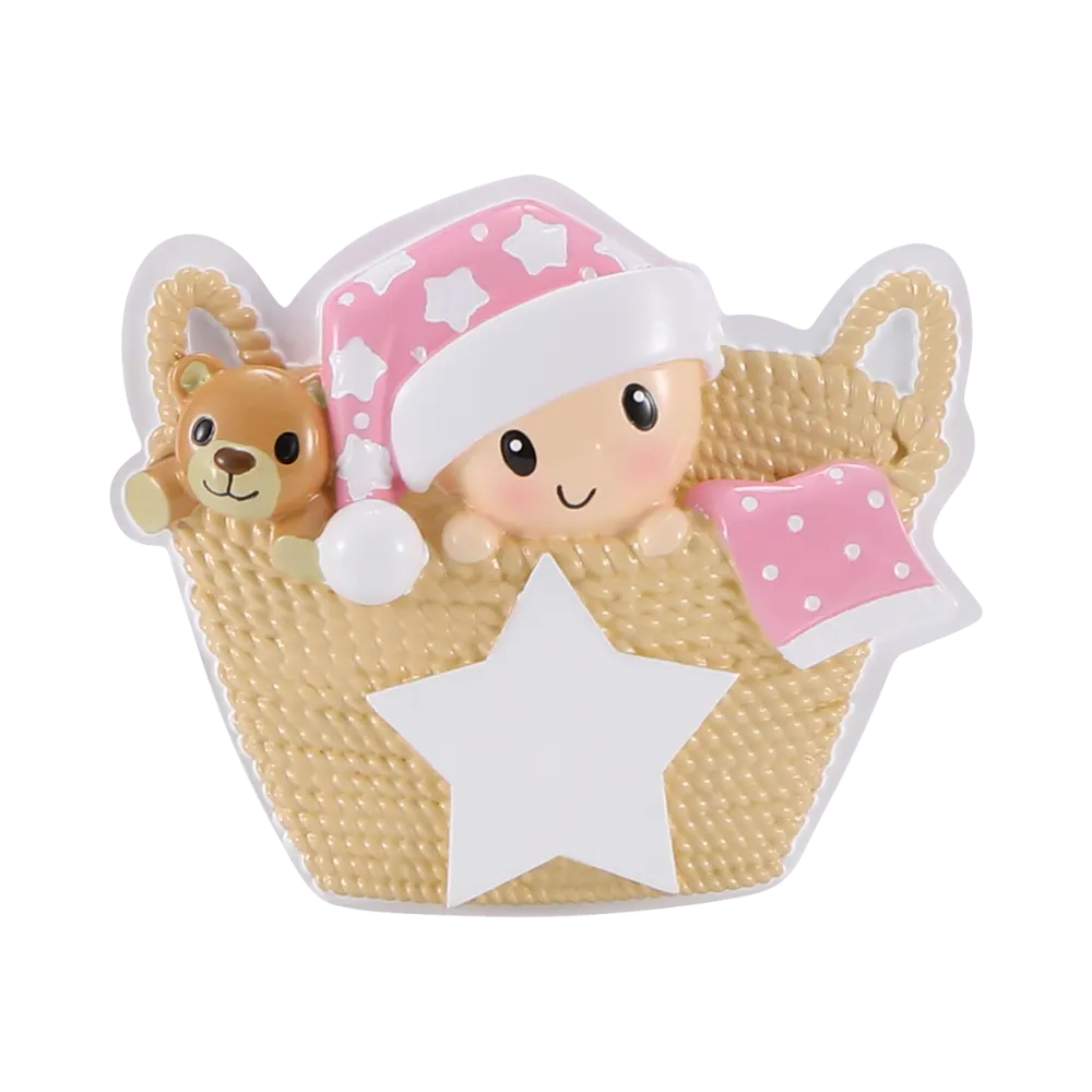 OR2487-P - Baby in Basket (Pink) Personalised Christmas Decoration