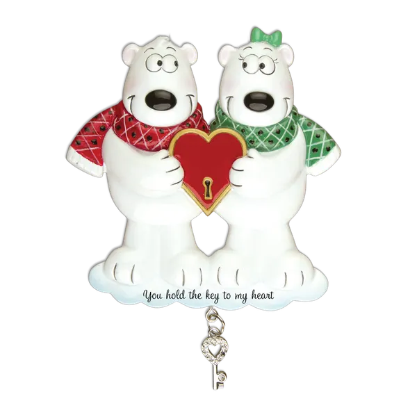 OR905 - Couples Key To My Heart Polar Bear Personalised Christmas Decorations