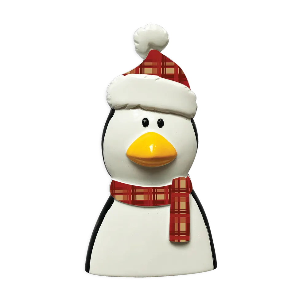 P18-03-013 - Penguin With Plaid Scarf And Hat Personalised Christmas Decoration