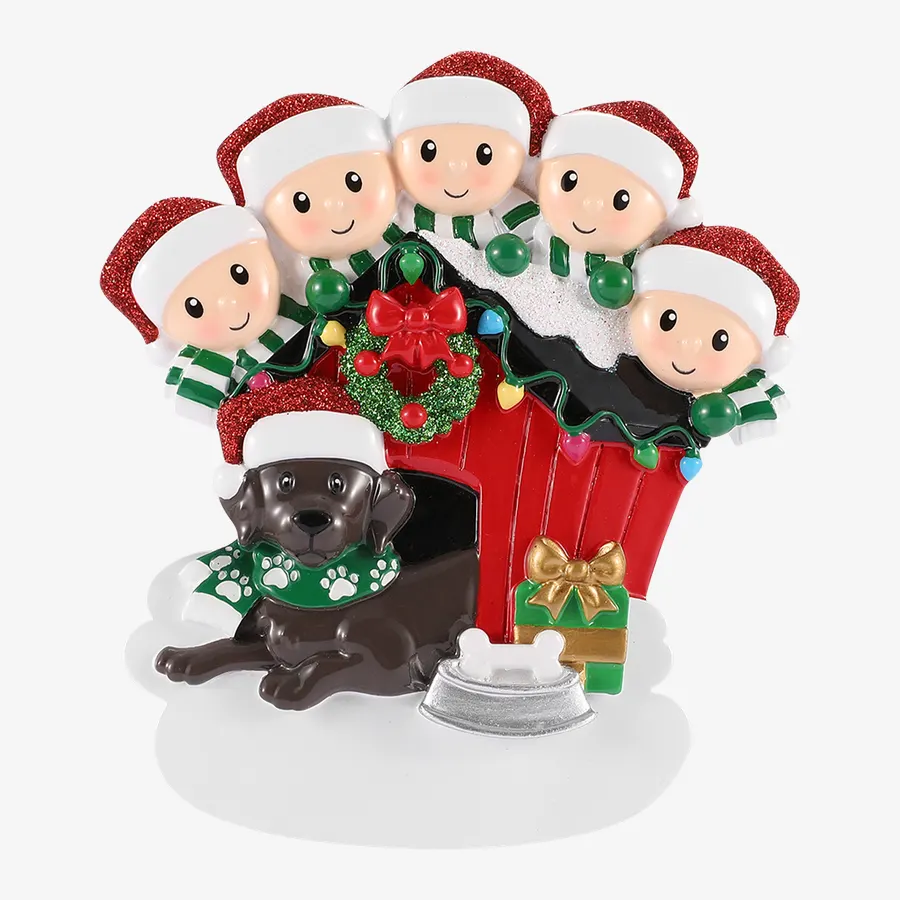 OR1909-5 - Family of 5 With Brown Dog Personalised Christmas Decoration