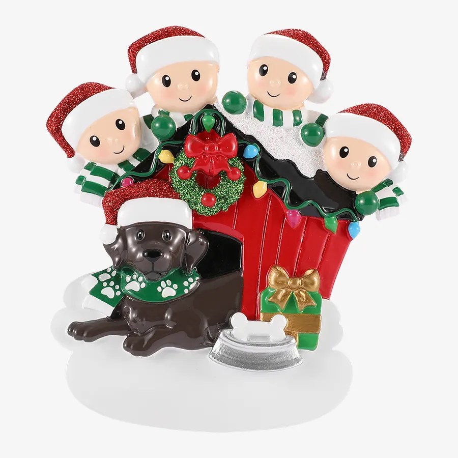 OR1909-4 - Family of 4 With Brown Dog Personalised Christmas Decoration
