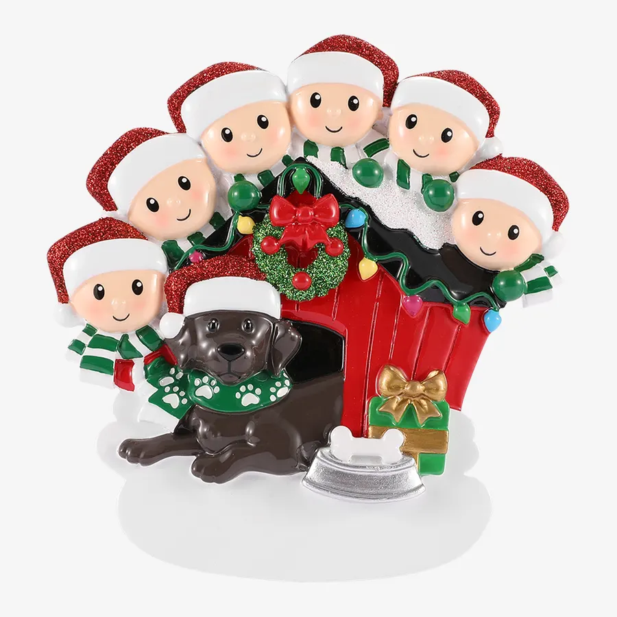 OR1909-6 - Family of 6 With Brown Dog Personalised Christmas Decoration