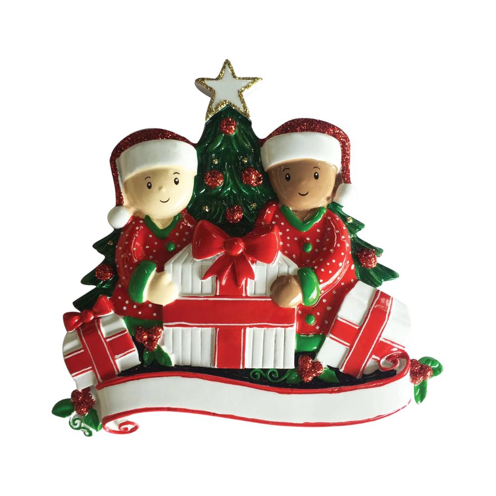 MR1523-2 - Interracial Family of 2 Opening Presents Personalised Christmas Decoration