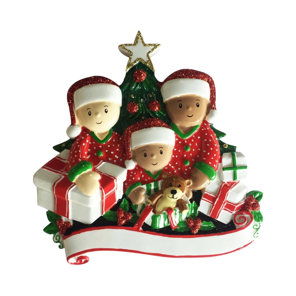 MR1523-3 - Interracial Family of 3 Opening Presents Personalised Christmas Decoration