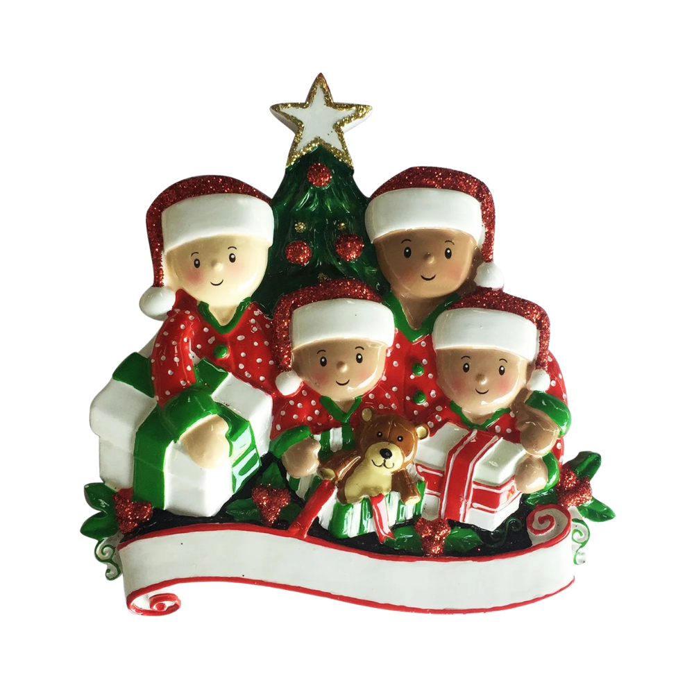 MR1523-4 - Interracial Family of 4 Opening Presents Personalised Christmas Decoration