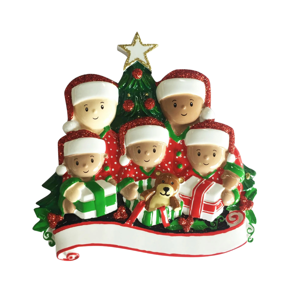 MR1523-5 - Interracial Family of 5 Opening Presents Personalised Christmas Decoration