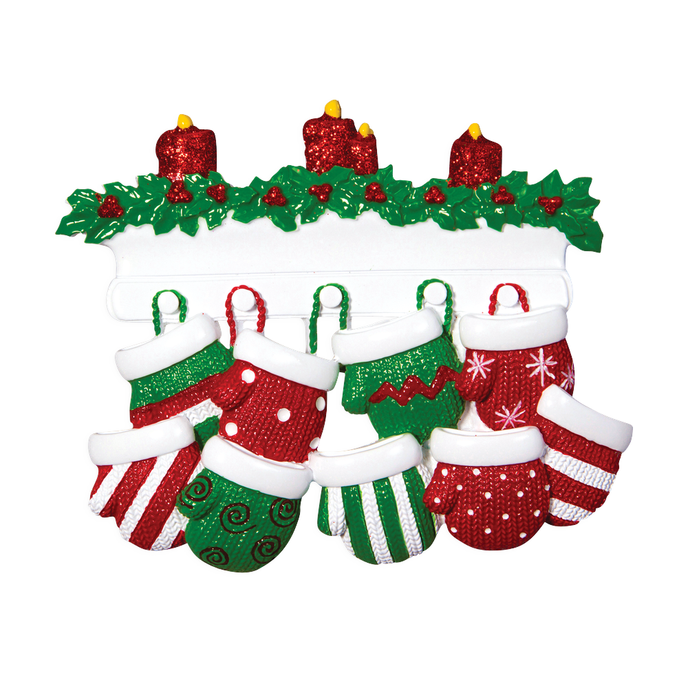 OR1570-9 - Red & Green Mitten Family of 9 Personalised Christmas Decoration