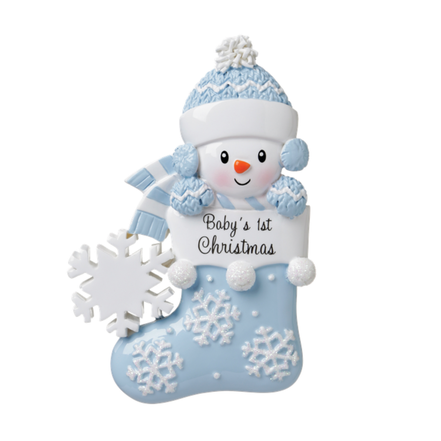 OR1738-B - Baby Snowman in Stocking (Blue) Personalised Christmas Decoration