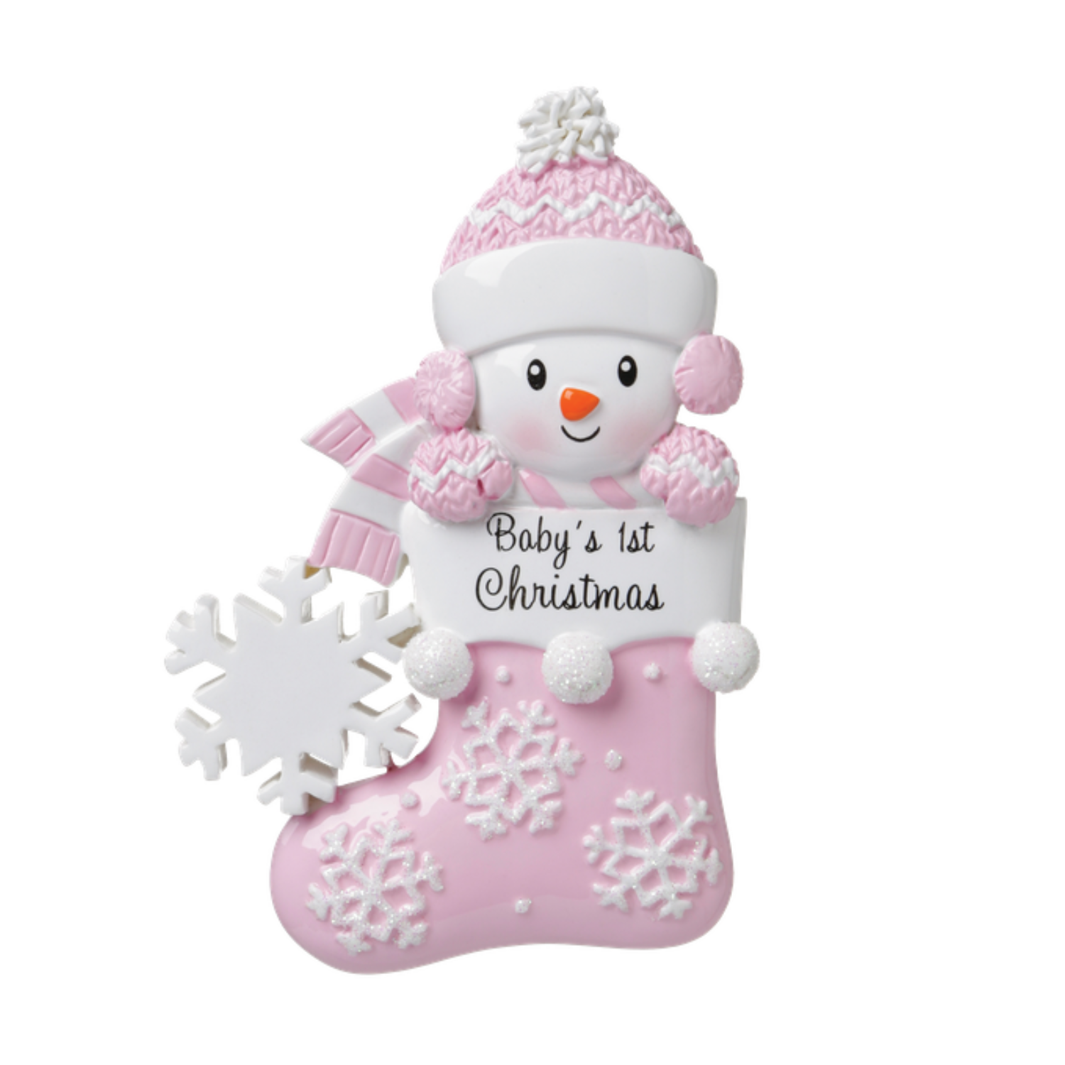 OR1738-P - Snow Baby in Stocking (Pink) Personalised Christmas Decoration