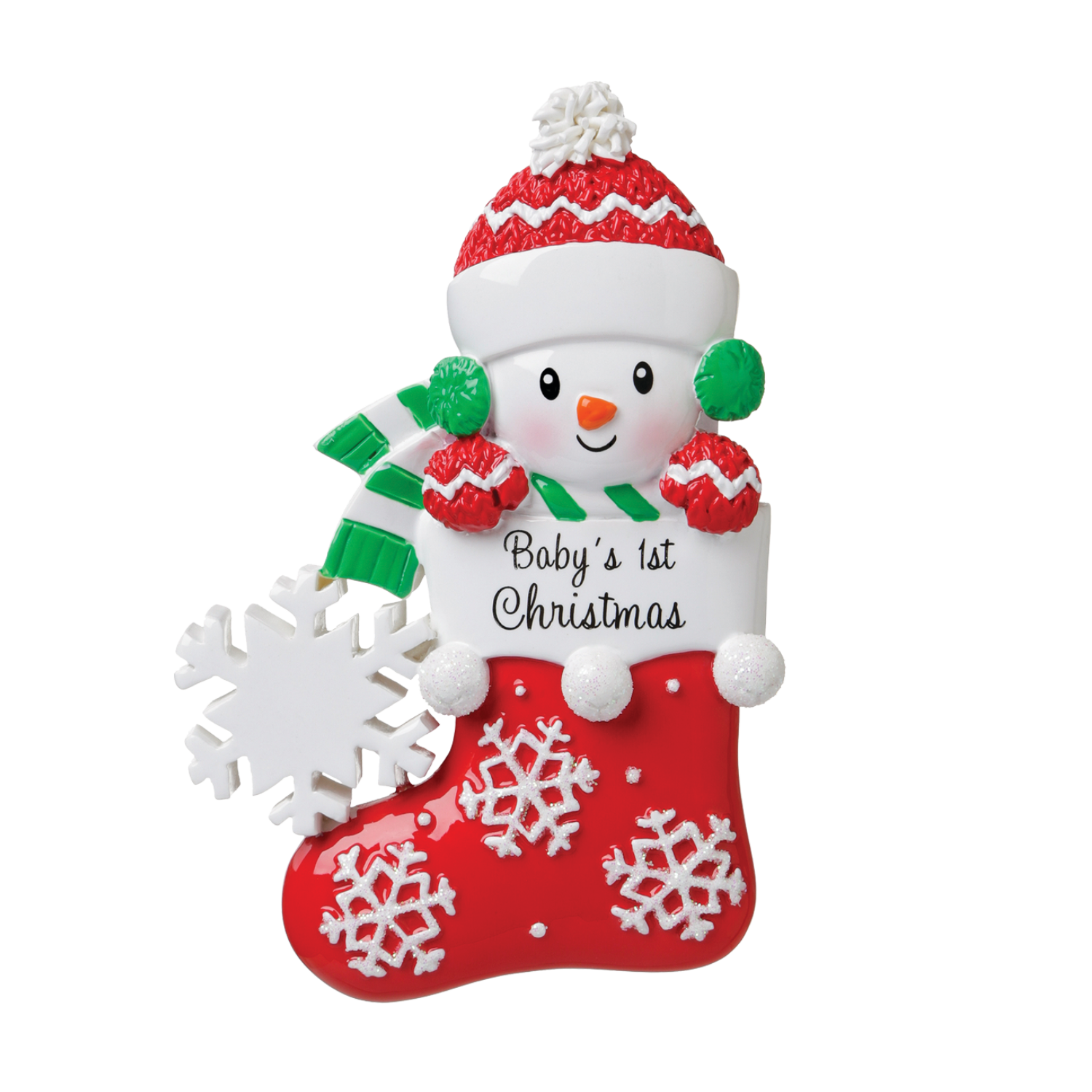 OR1738-RG - Snow Baby in Stocking (Green/Red) Personalised Christmas Decoration
