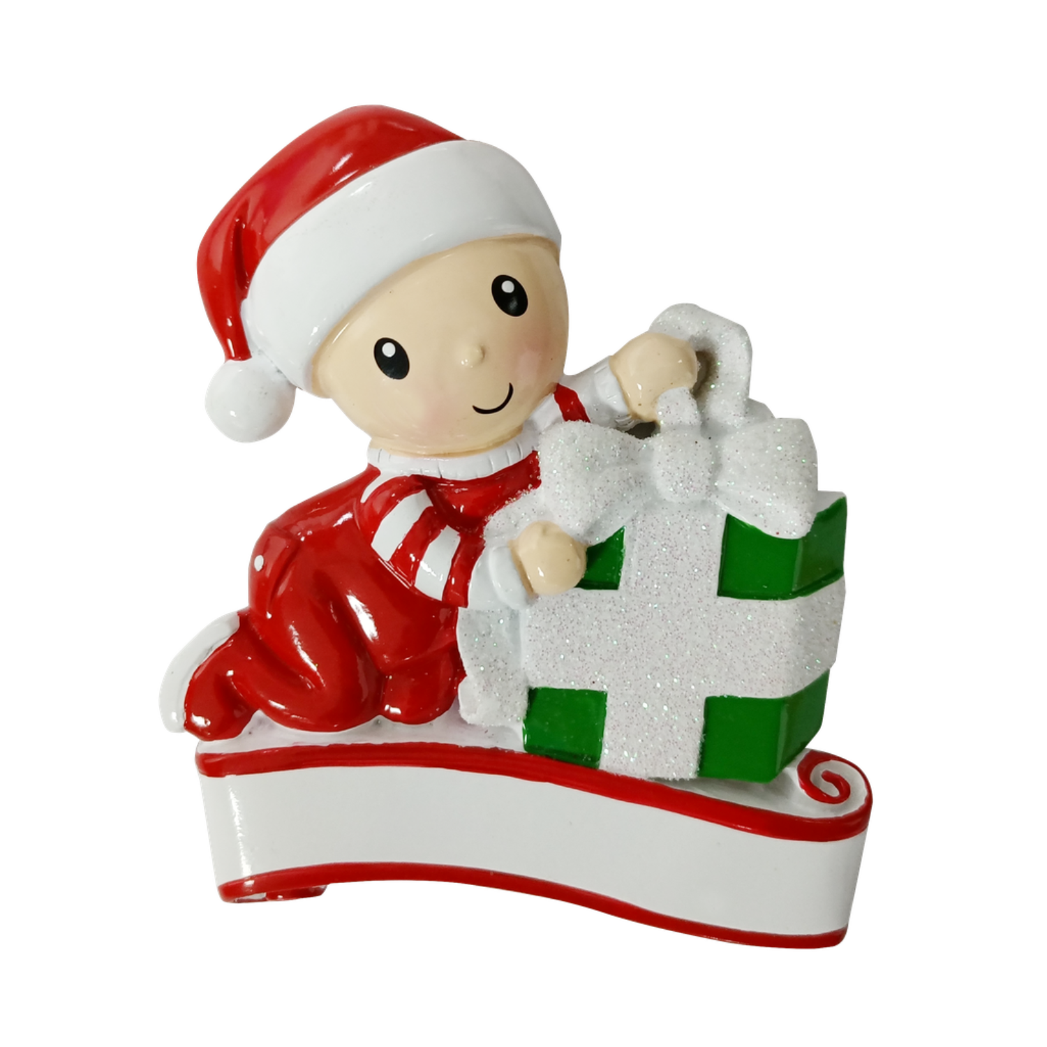 OR1745-RG - Baby Opening Presents (Red & Green) Personalised Christmas Decoration