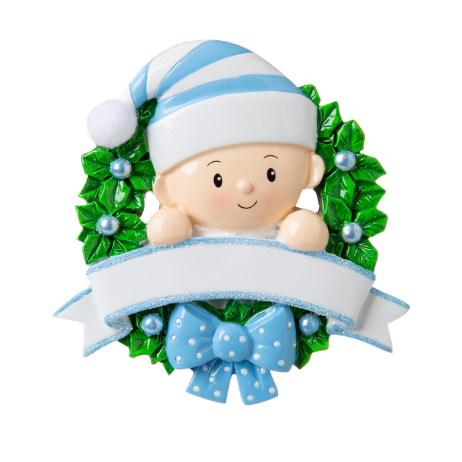 OR1746-B - Baby in A Wreath (Light Blue) Personalised Christmas Decoration