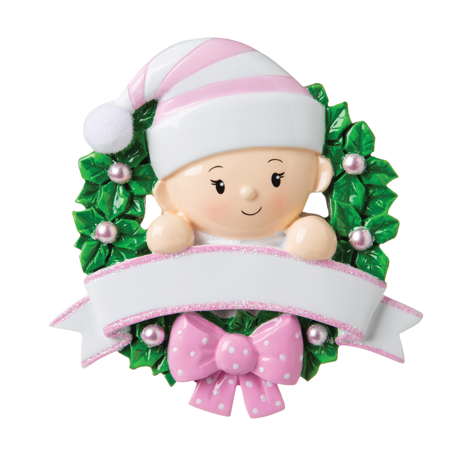 OR1746-P - Baby in A Wreath (Pink) Personalised Christmas Decoration