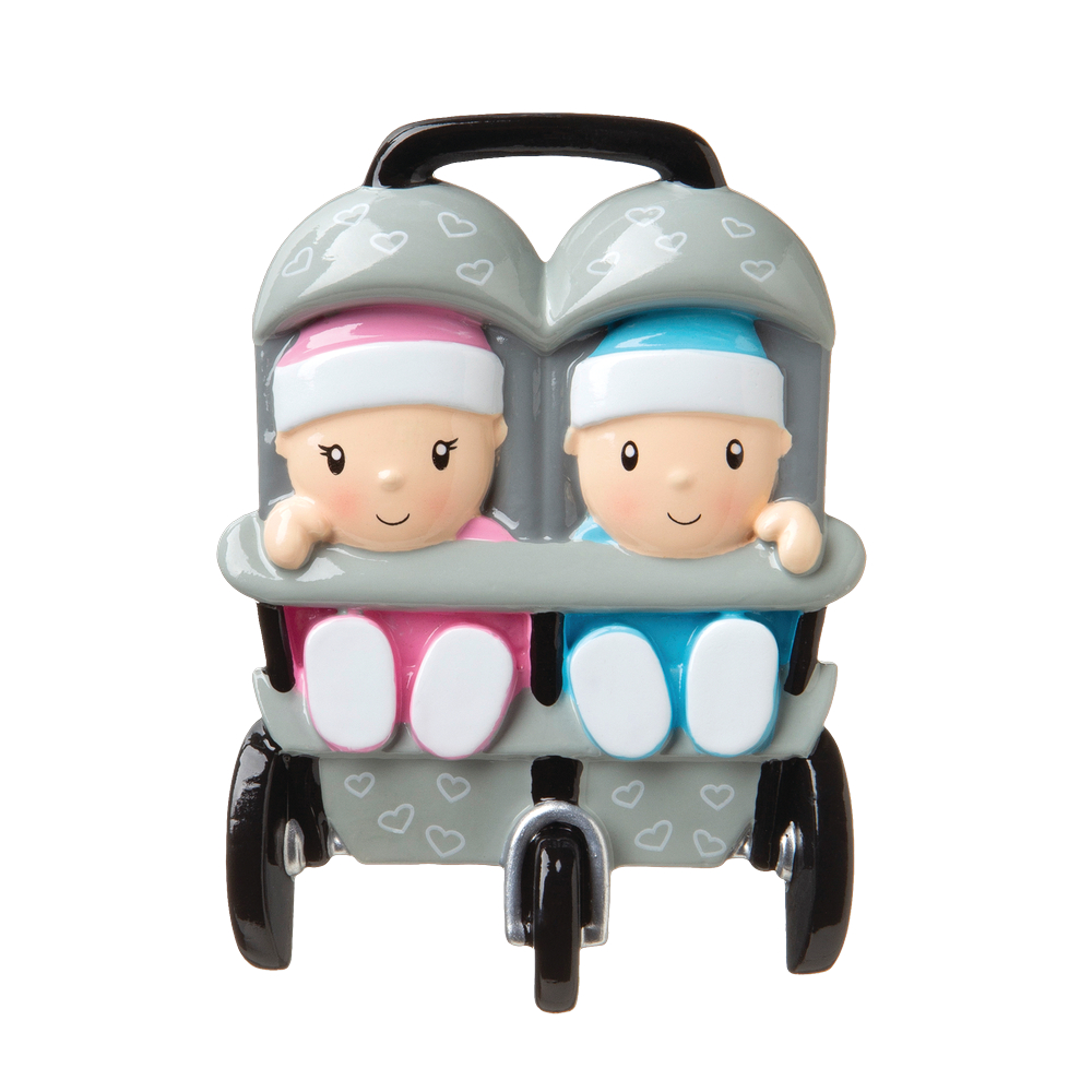 OR1748-A - New Twins in Stroller (4 Boys/4 Girls/4 Boy+Girl) Personalised Christmas Decoration