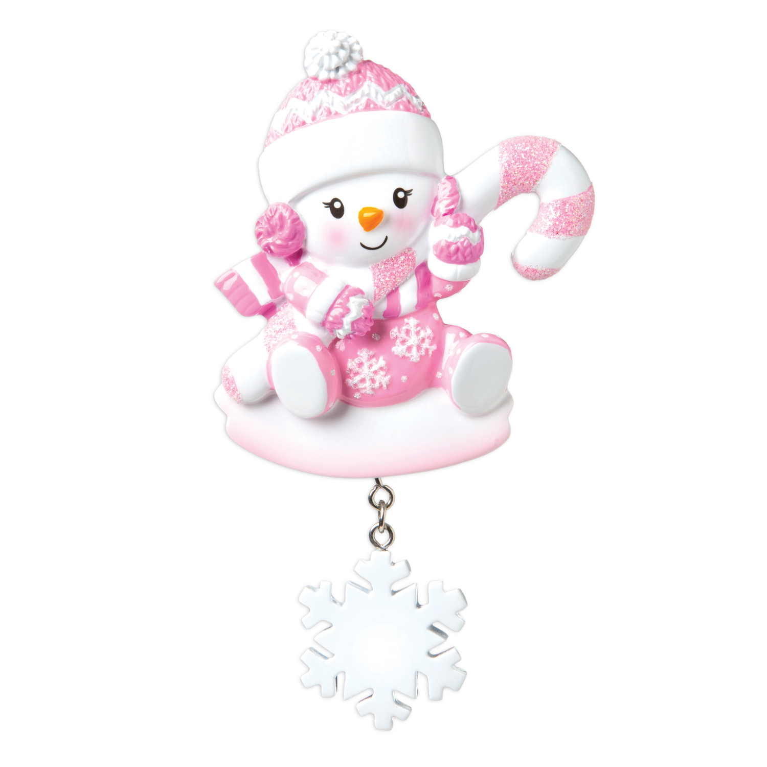 OR1846-P - Snowbaby With Candy Cane (Pink) Personalised Christmas Decoration