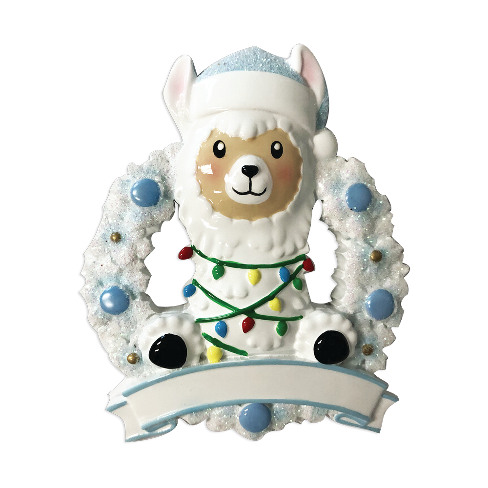 OR1903-B - Llama in Wreath (Blue) Personalised Christmas Decoration