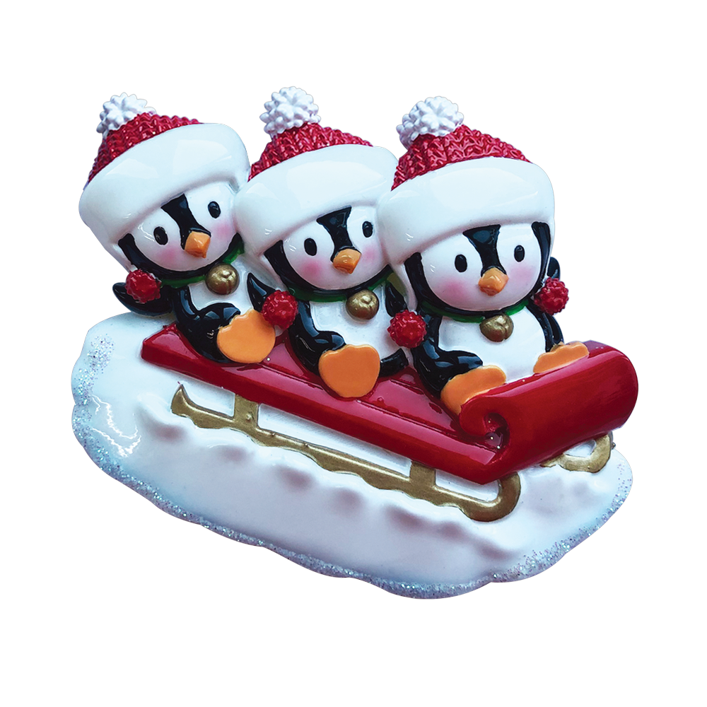 OR1915-3 - Penguin Family of 3 On Sled Personalised Christmas Decoration