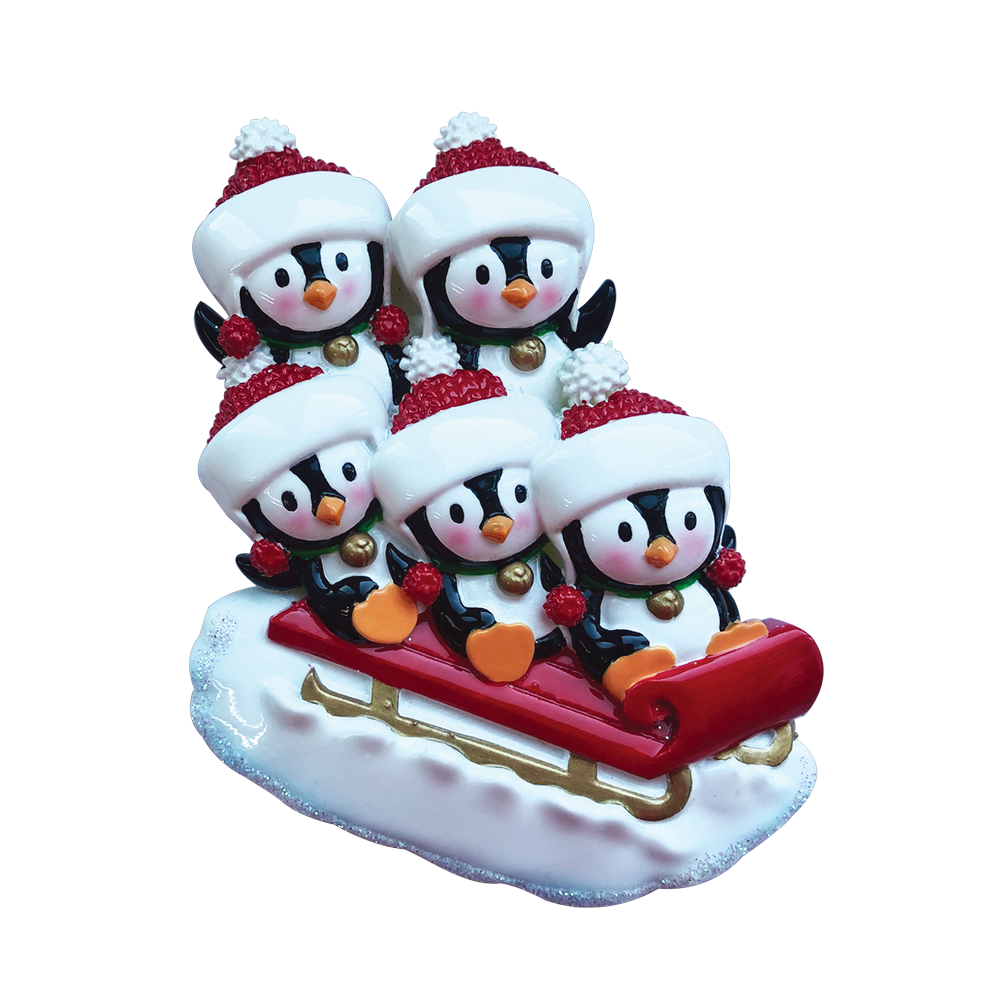 OR1915-5 - Penguin Family of 5 On Sled Personalised Christmas Decoration