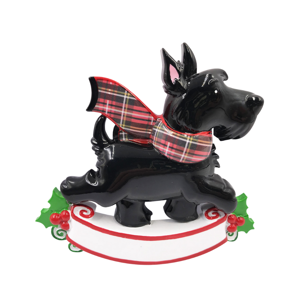 OR2210-BLK - Scottie Dog W/Tartan Scarf (All Black) Personalised Christmas Decoration