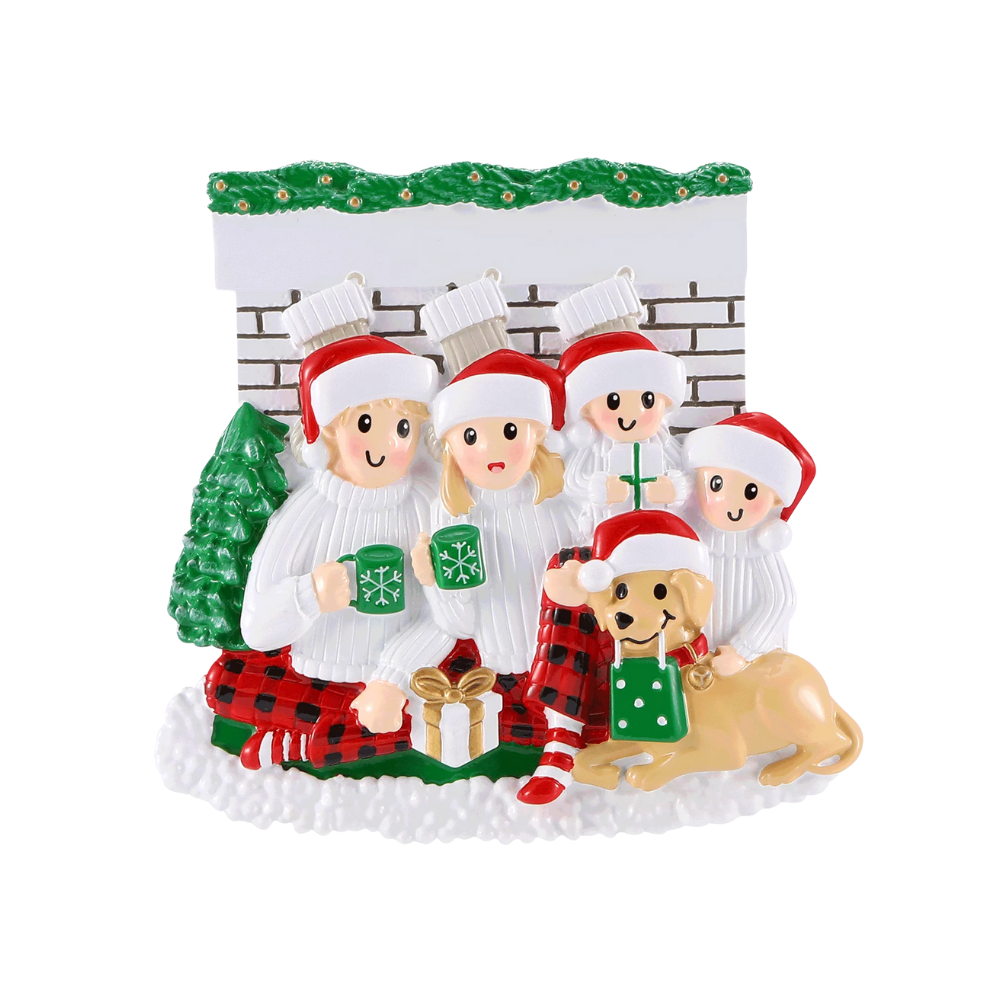 OR2461-4 - Sitting in Front of Fireplace (Family of 4) Personalised Christmas Decoration