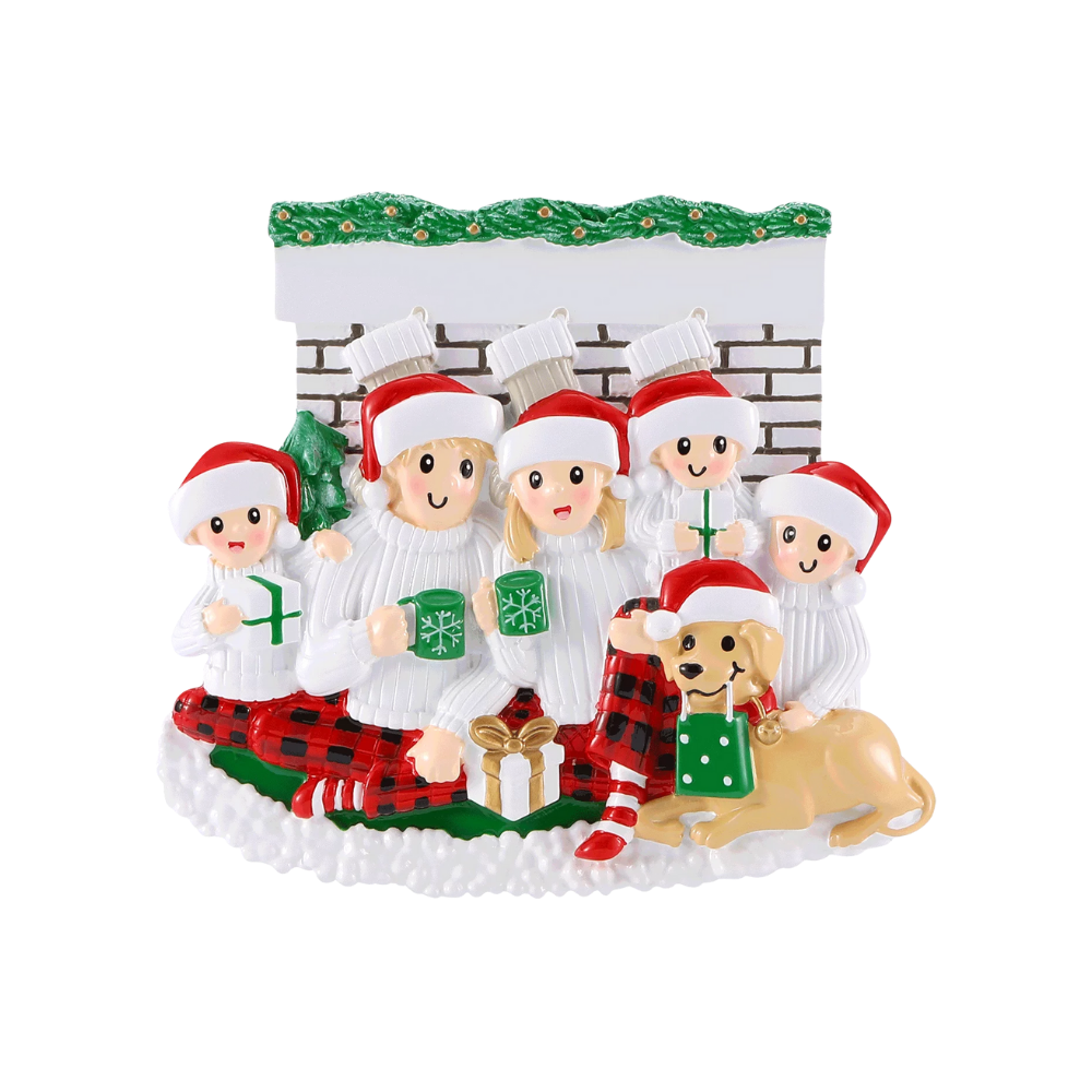 OR2461-5 - Sitting in Front of Fireplace (Family of 5) Personalised Christmas Decoration