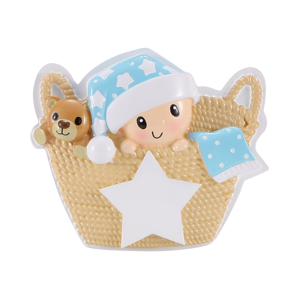 OR2487-B - Baby in Basket (Blue) Personalised Christmas Decoration