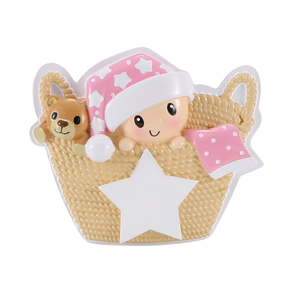 OR2487-P - Baby in Basket (Pink) Personalised Christmas Decoration